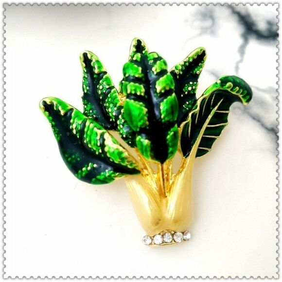 Green Cabbage with Crystals Brooch Pin - Picture 4 of 7